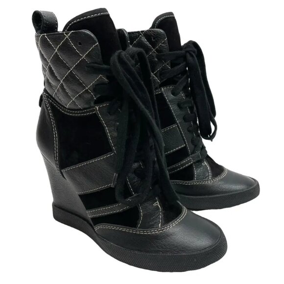 Chloe Black Lace Up Wedge Boots - Picture 1 of 6